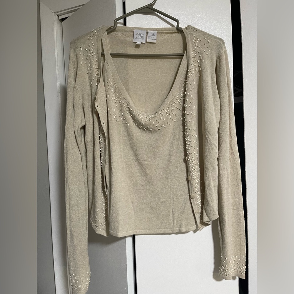 Mary Jane Cream Beaded Cardigan Sweater Set Size Medium